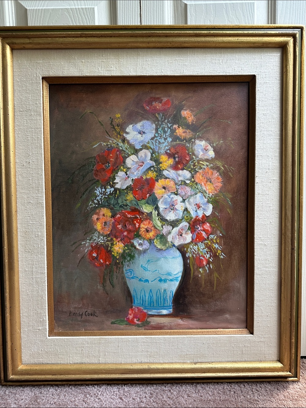 Floral Bouquet in Blue Vase Oil Art Painting - White, Blue & Red